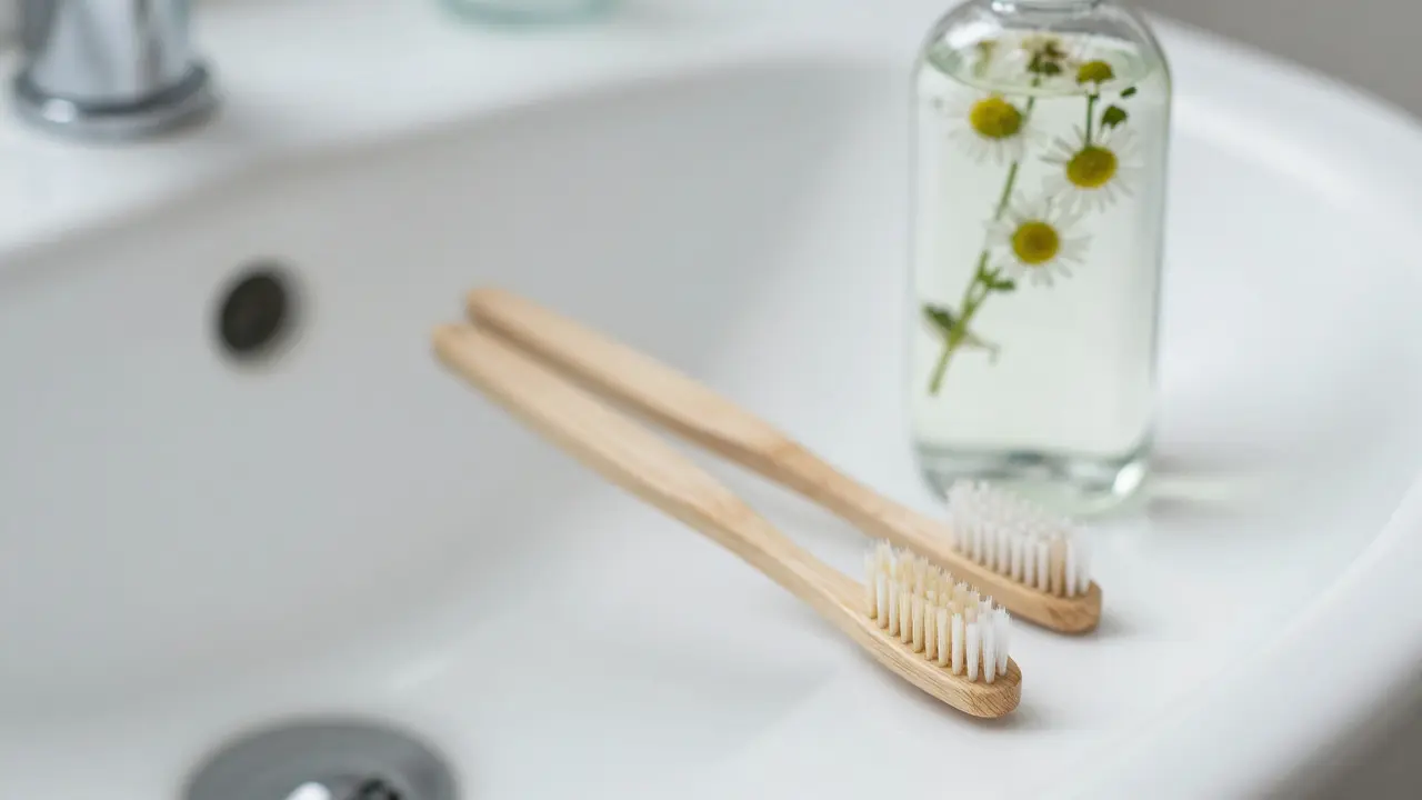 Nástroje na ústní hygienu: stěrka na jazyk a bezalkoholová voda