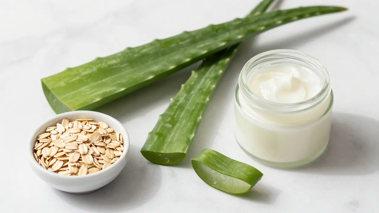 Přírodní ingredience jako aloe vera a oves na bílém mramoru.