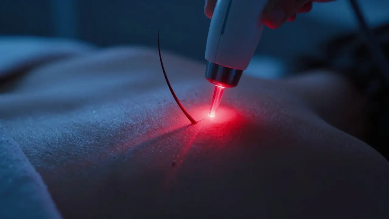 Abstraktní vizualizace laserového paprsku cílícího na vlasový folikul