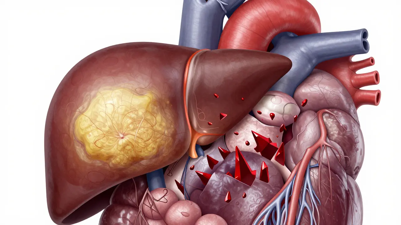 Anatomická ilustrace poškození jater a srdce způsobeného dlouhodobým pitím alkoholu