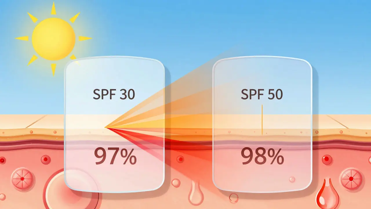 Ilustrace průniku UV paprsků kůží s různou ochranou SPF 30 a SPF 50