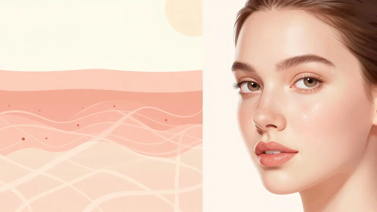 Ilustrace zlepšení textury pleti a menších pórů po měsících používání