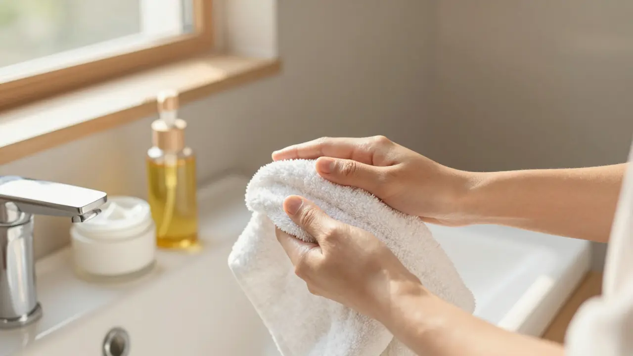 Jemné osušování vlhké kůže ručníkem v koupelně