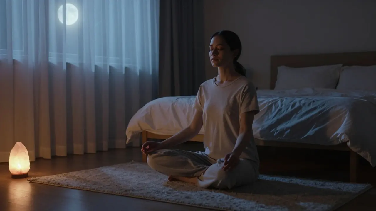 Klidná meditace v temné ložnici pro lepší spánek a regeneraci