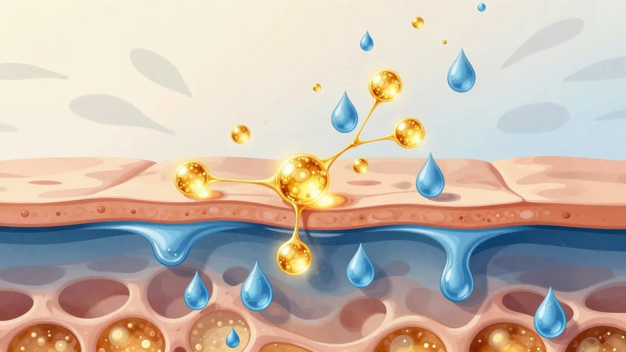 Konceptuální ilustrace molekul glycerinu vázajících vodu v kůži