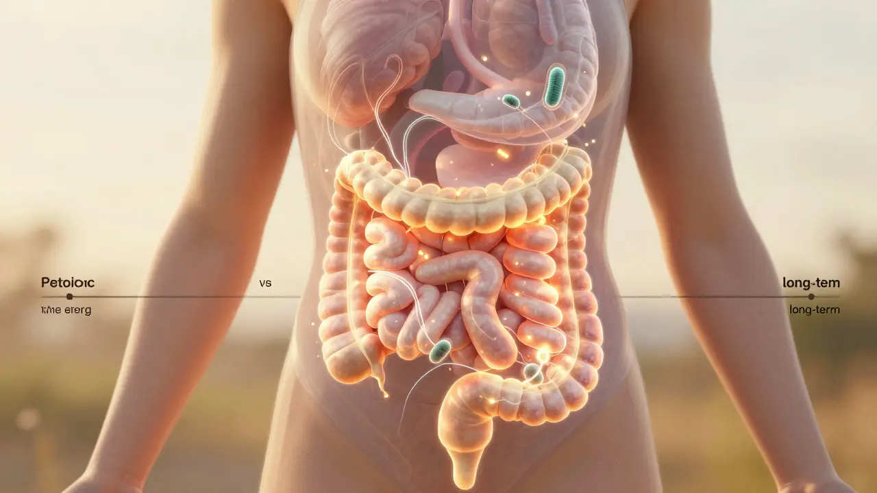 Konceptuální ilustrace zdravého střevního ekosystému a fáze užívání probiotik