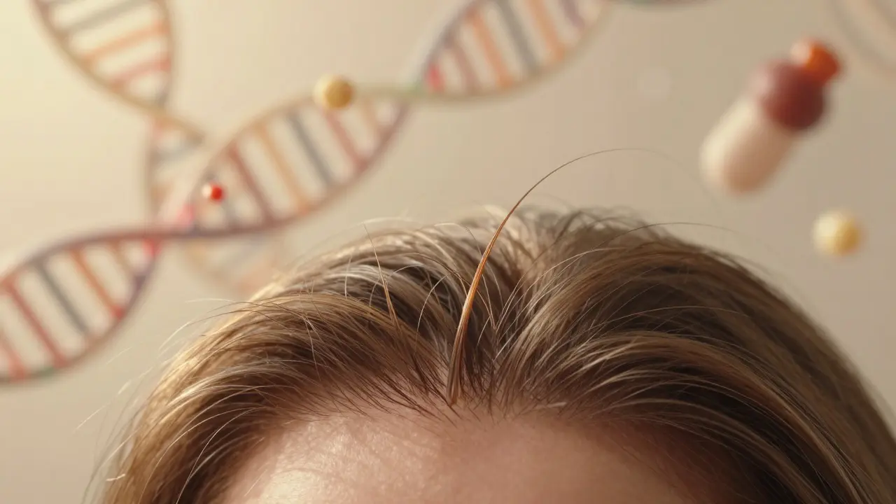 Makro záběr vlasového folikulu s abstraktním pozadím DNA a hormonů.
