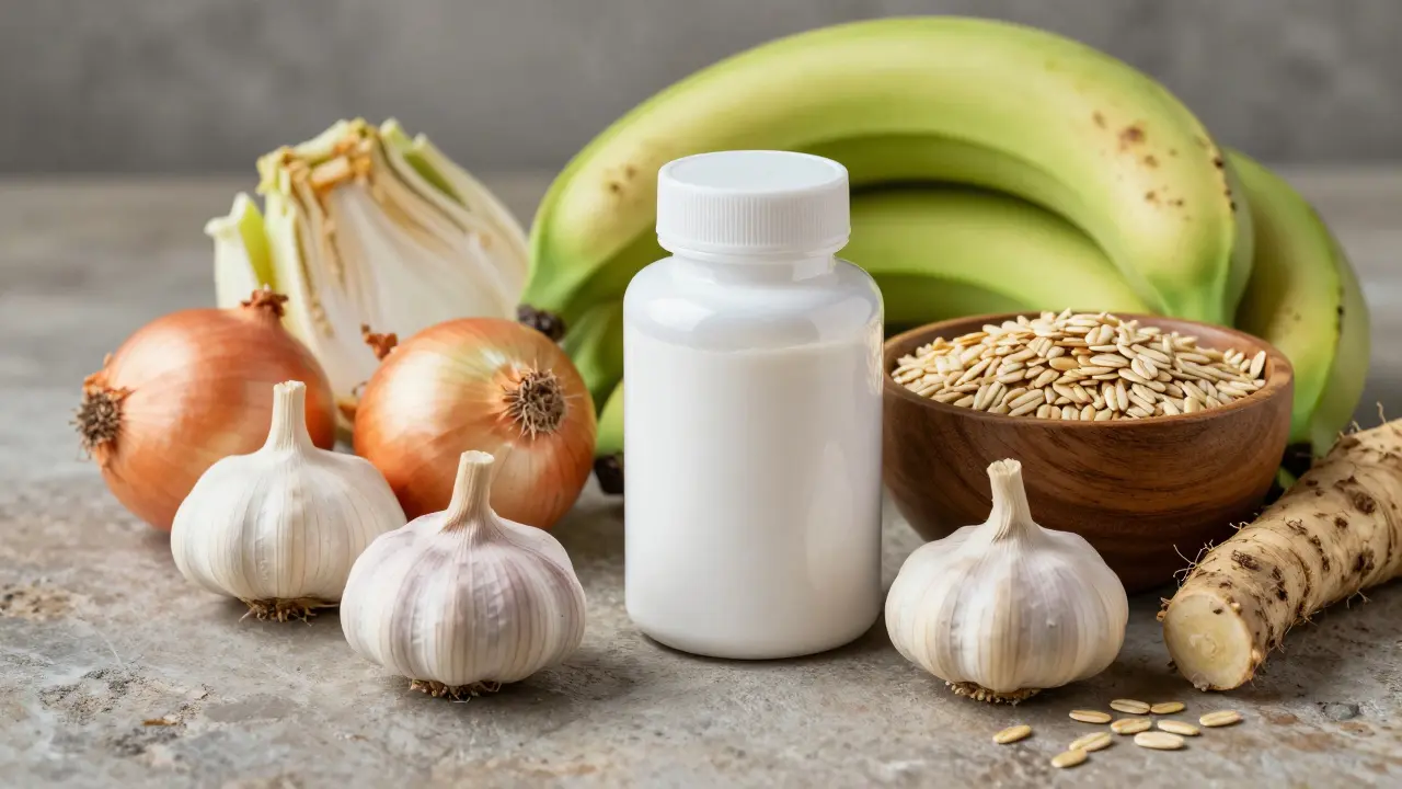Přírodní zdroje prebiotik jako cibule a banány vedle doplňků stravy