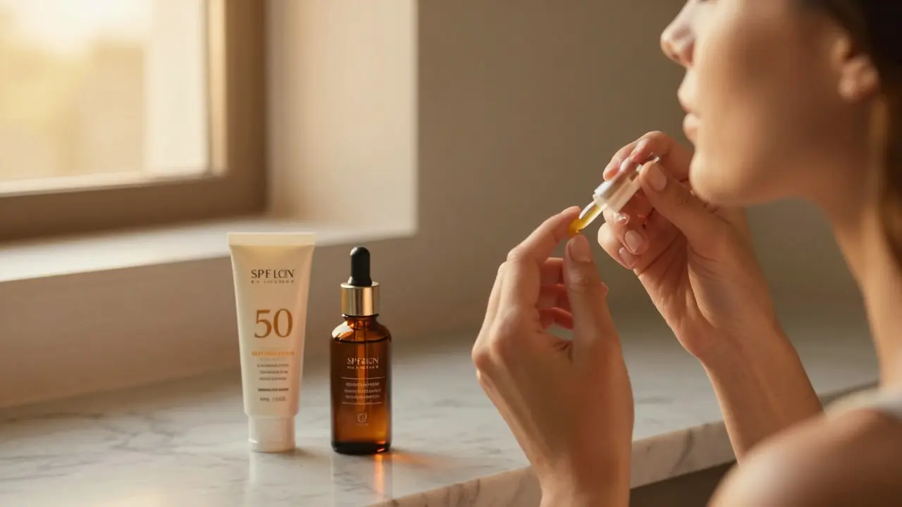Žena nanáší retinol večer vedle krému s vysokou ochranou SPF
