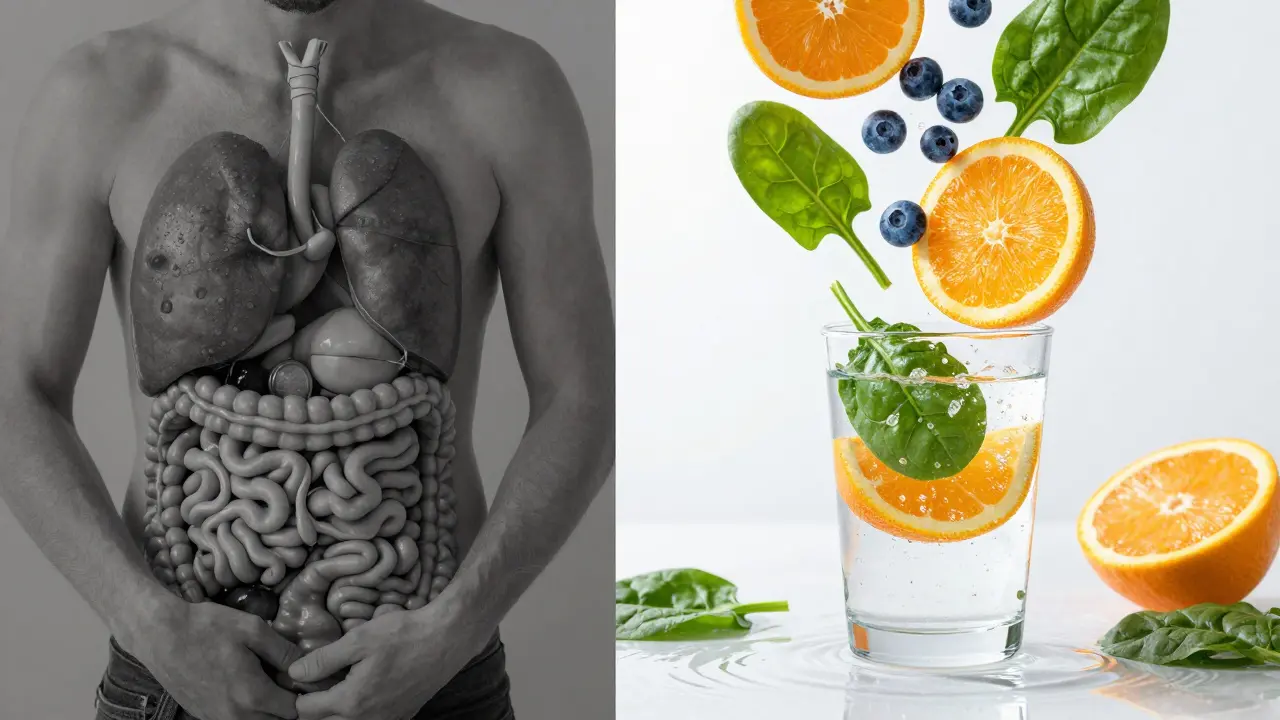 Čerstvé ovoce a zelenina ve vodě symbolizující detoxikaci a regeneraci těla