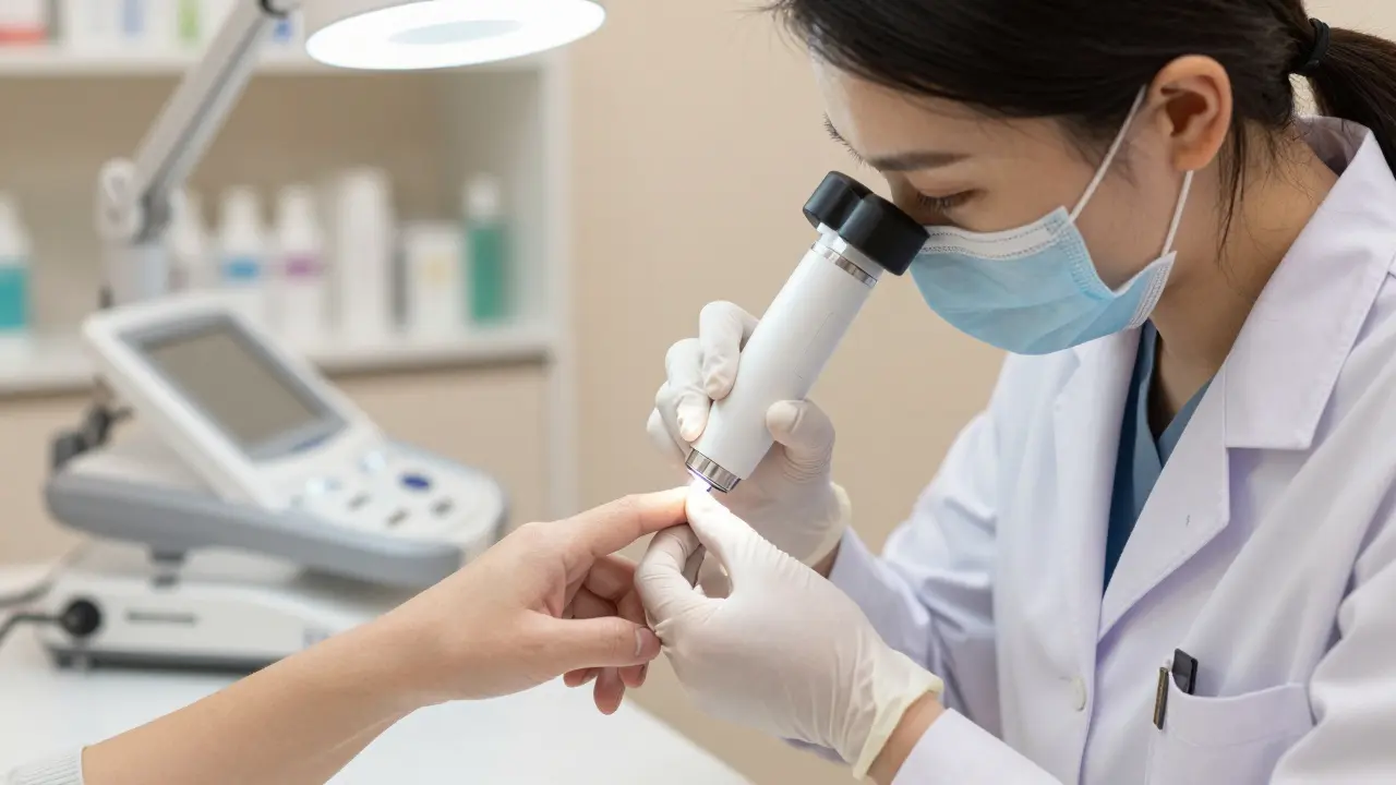 Dermatolog vyšetřuje nehty pacienta pomocí dermatoskopu