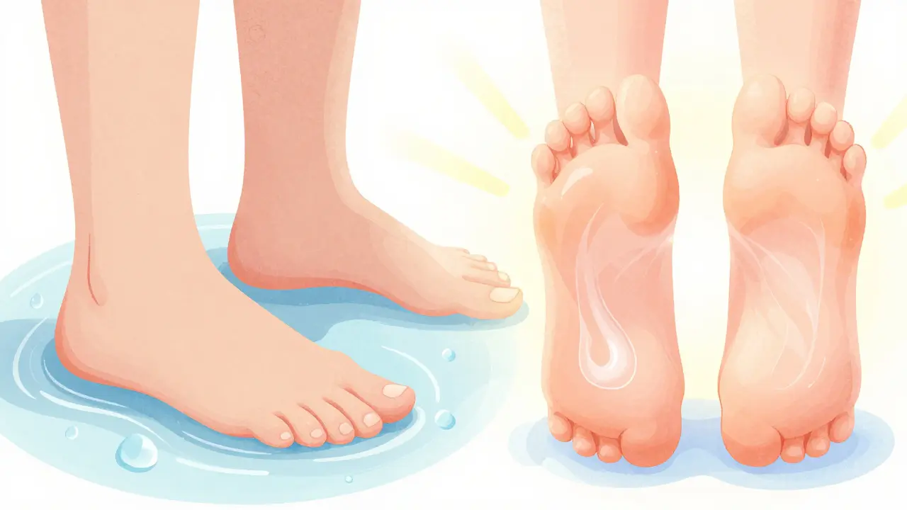 Ilustrace zdravých nohou po hydrataci a ošetření
