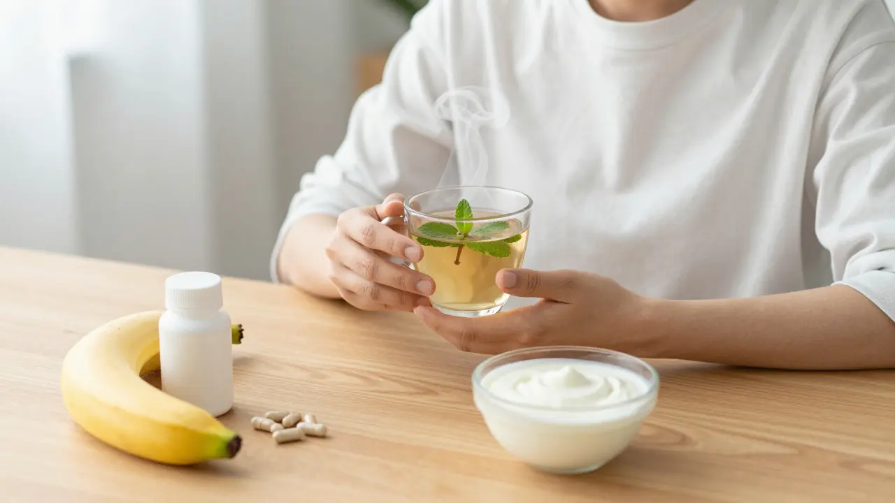 Klidná scéna užívání probiotik a lehké stravy pro obnovu trávení