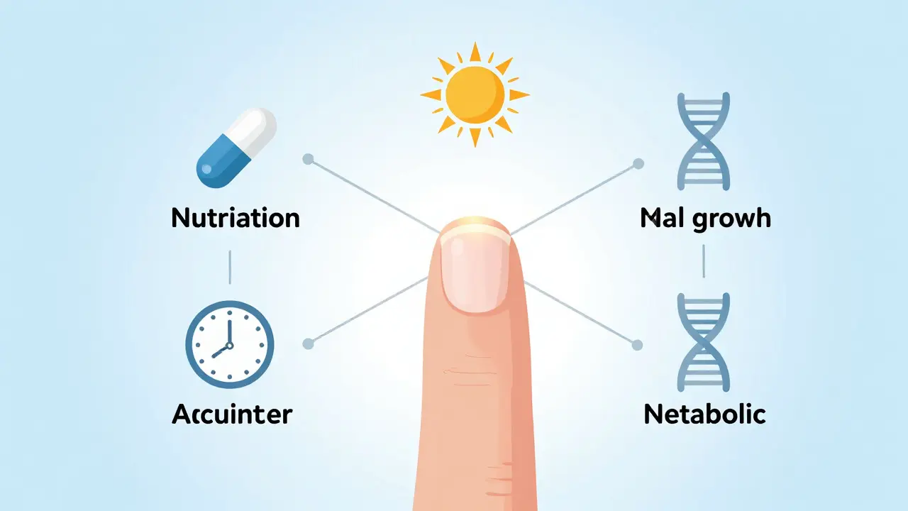 Konceptuální ilustrace faktorů ovlivňujících růst nehtů jako vitamíny a věk