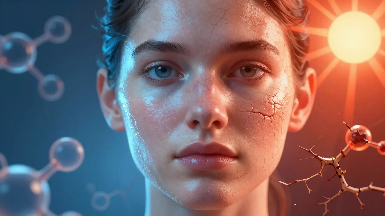 Konceptuální ilustrace ochrany kůže před sluncem a cukrem pro zdravý kolagen