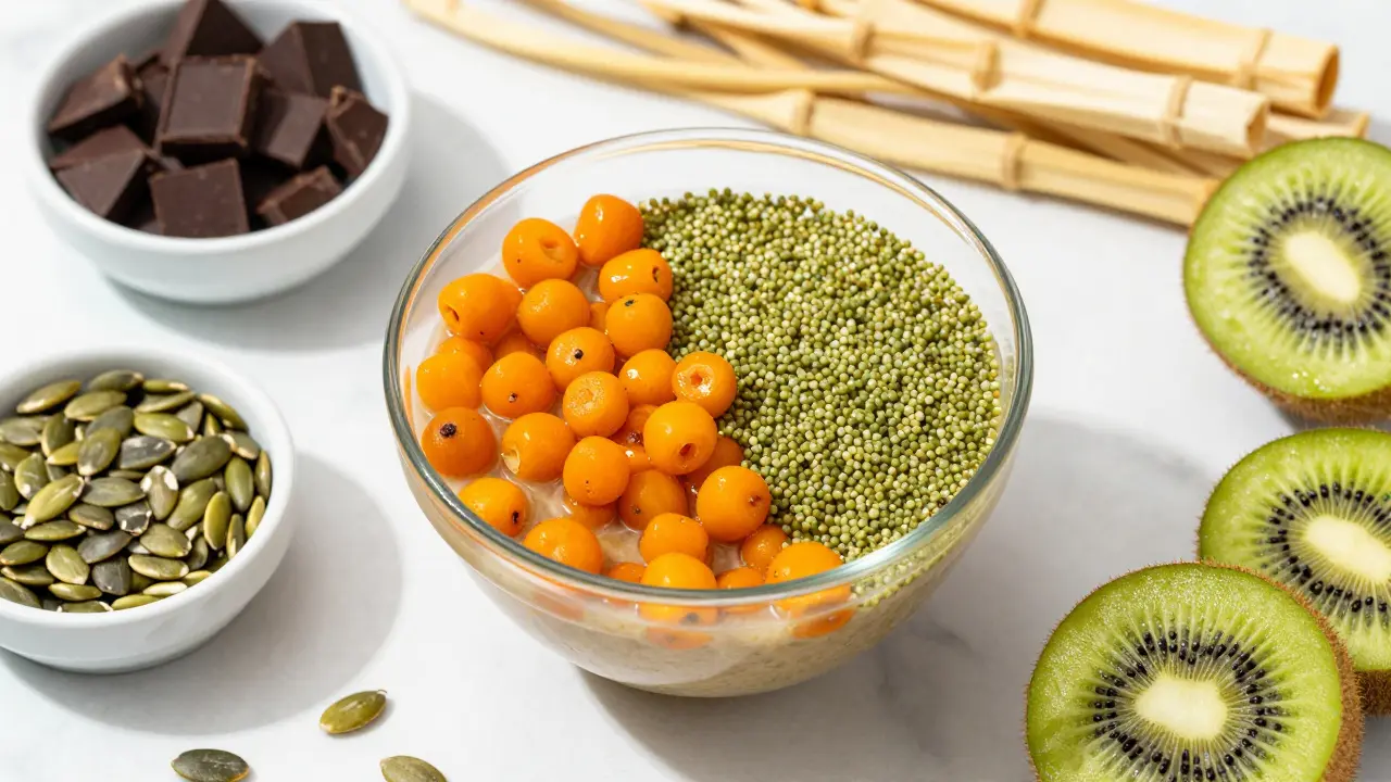 Rostlinné zdroje kolagenu jako rakytník, quinoa a semínka na mramoru