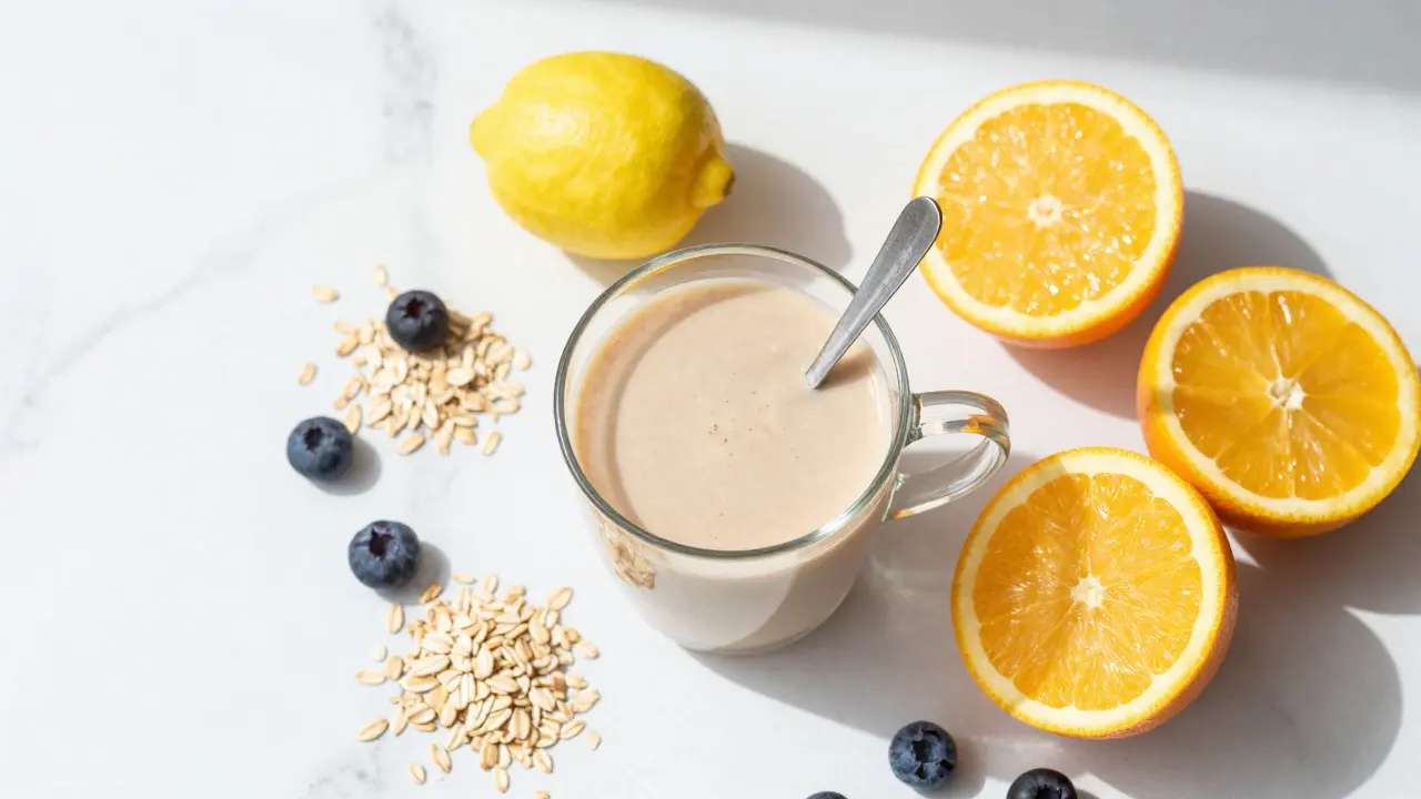Sklenice smoothie s citrony a vitaminem C na bílém mramoru