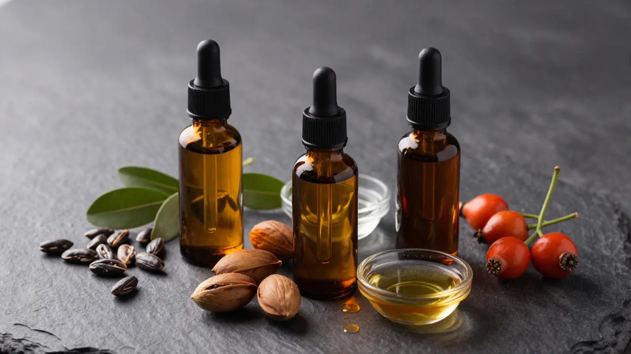 Tmavé lahve s oleji a přírodními ingrediencemi jako argan a jojoba