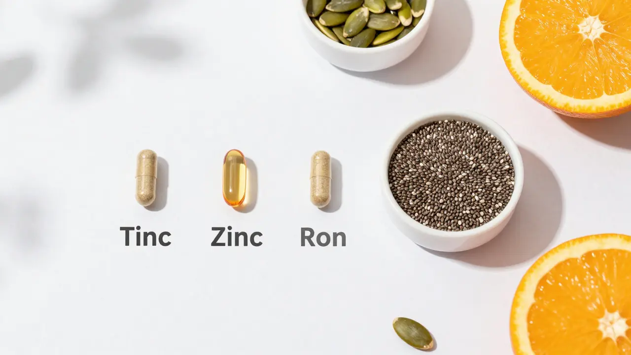 Vitamíny a semínka uspořádané na bílém podkladu pro silné nehty