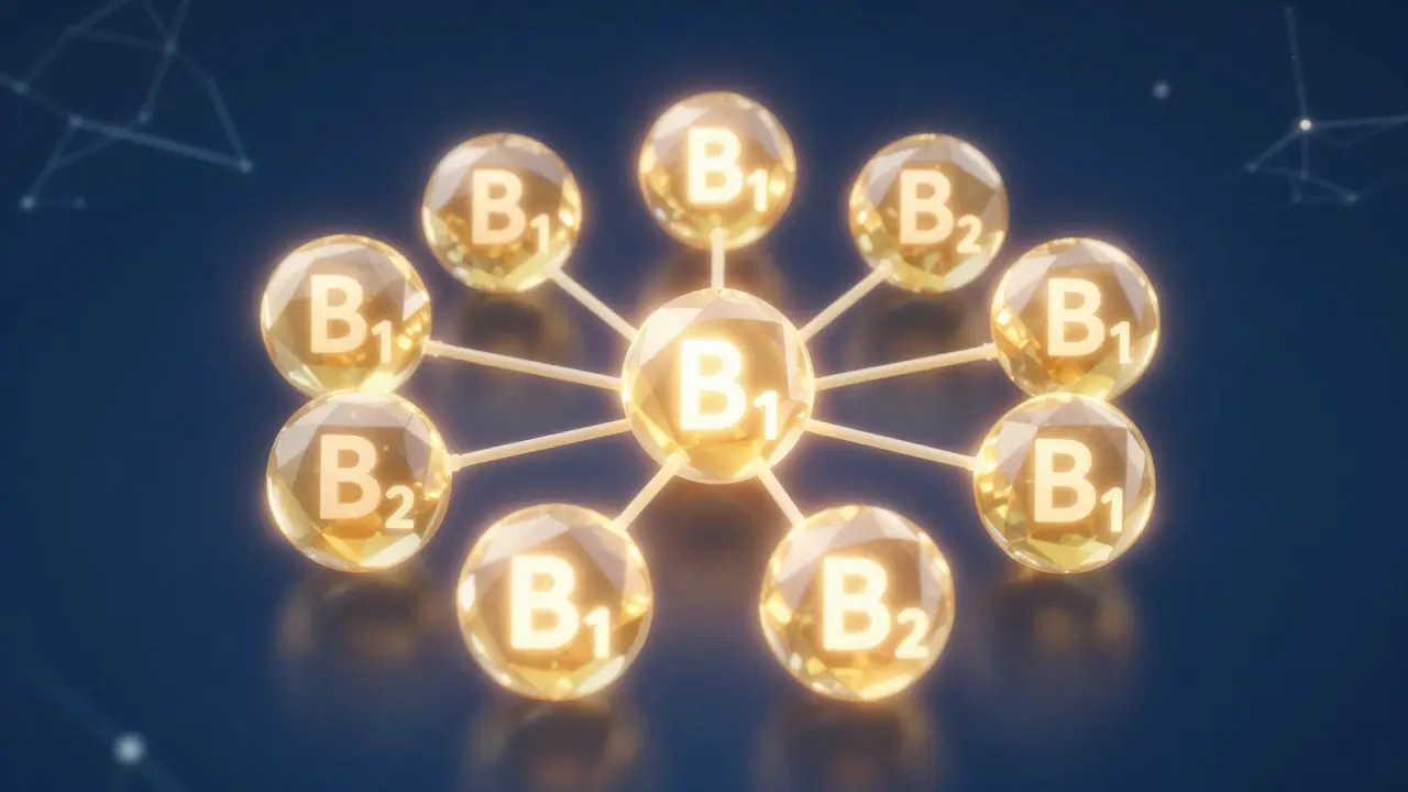Abstraktní vizualizace synergie vitamínů skupiny B