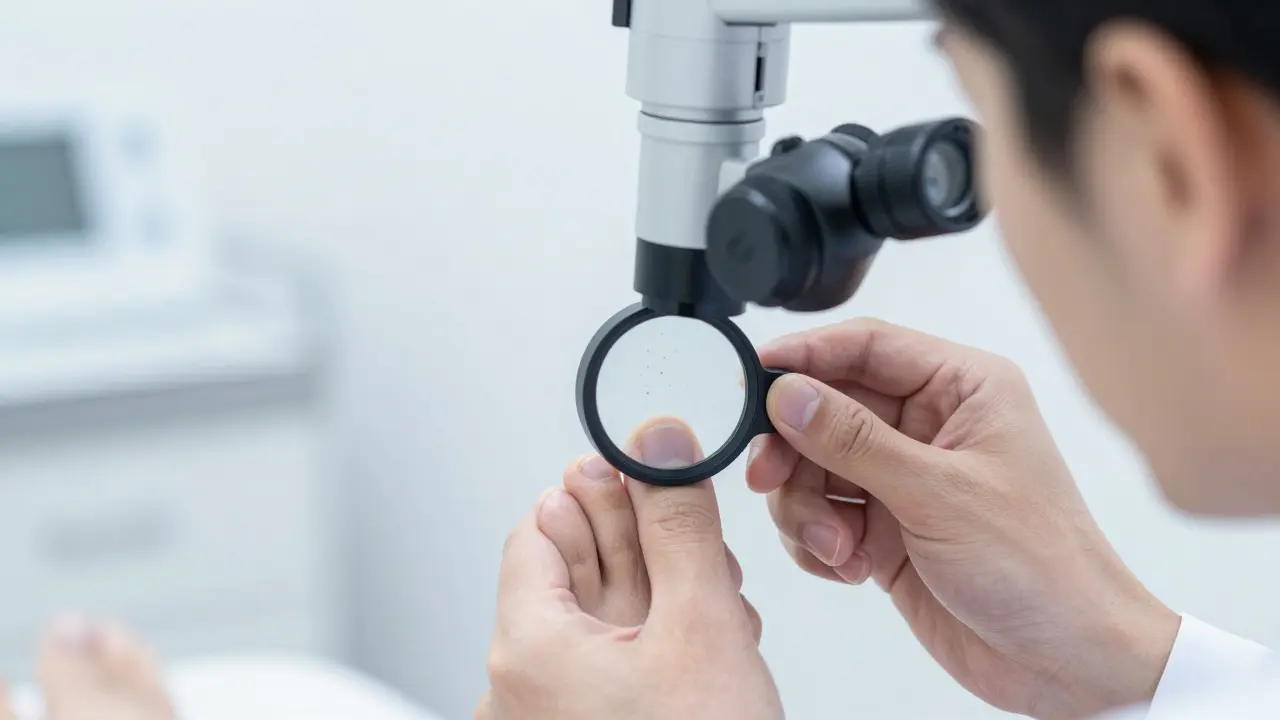 Dermatolog zkoumá nehet pacienta pomocí speciální lupy v ordinaci