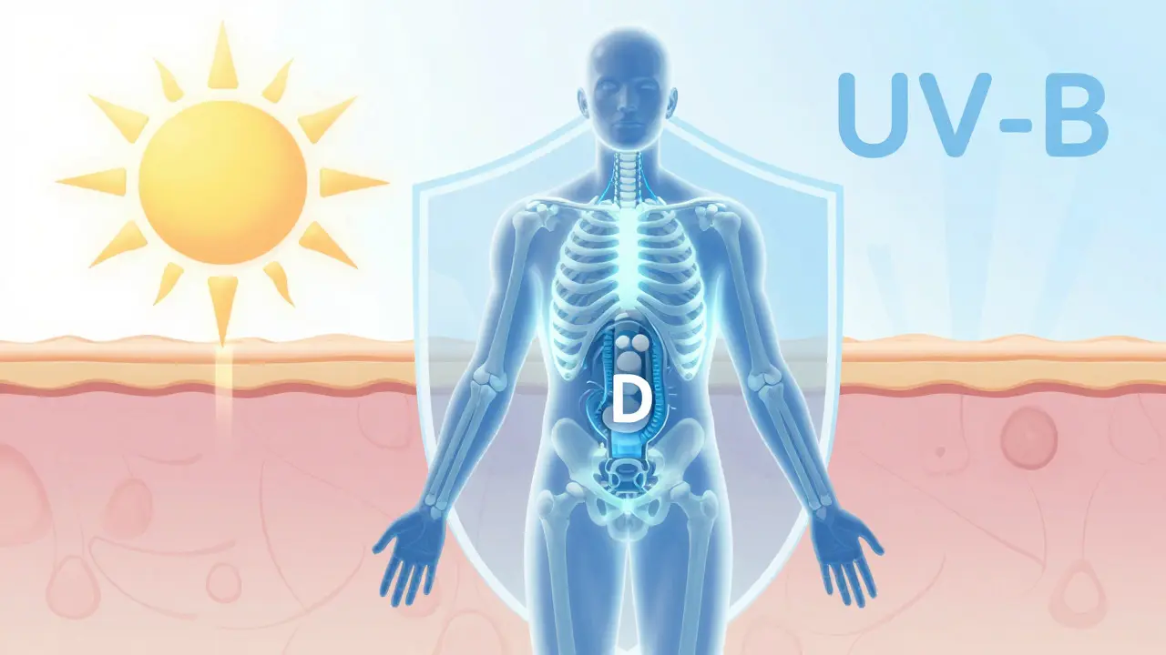 Ilustrace procesu tvorby vitamínu D v těle za účinku slunečního záření