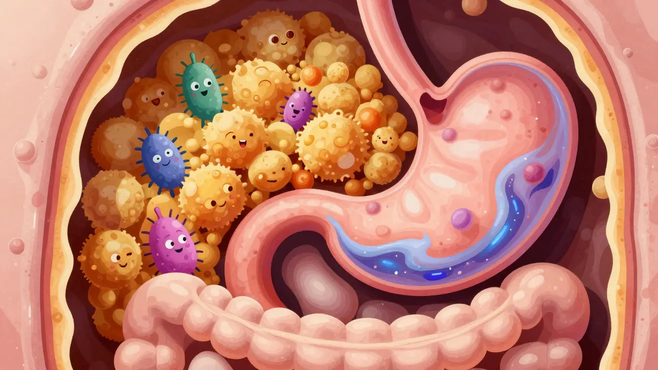 Ilustrace žaludku, kde jídlo chrání bakterie před kyselinou