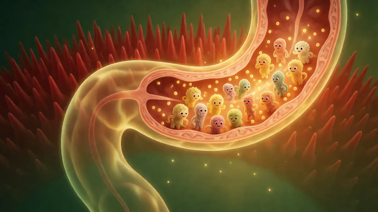 Ilustrace zdravé střevní mikrobioty osídlené prospěšnými bakteriemi