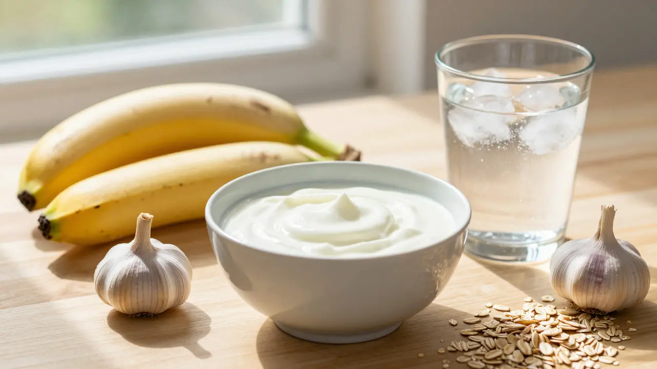 Jogurt, voda a prebiotické potraviny jako banány a česnek
