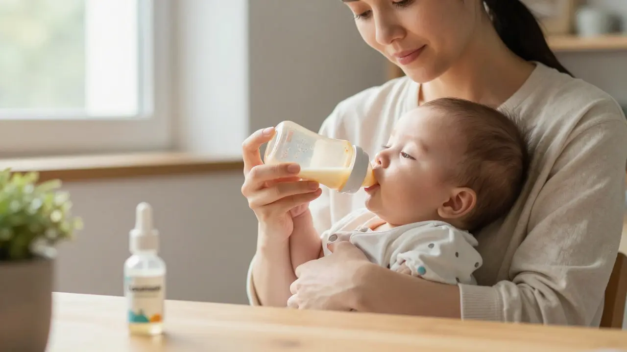 Matka krmení dítě z lahvičky s kapkami na koliky vedle