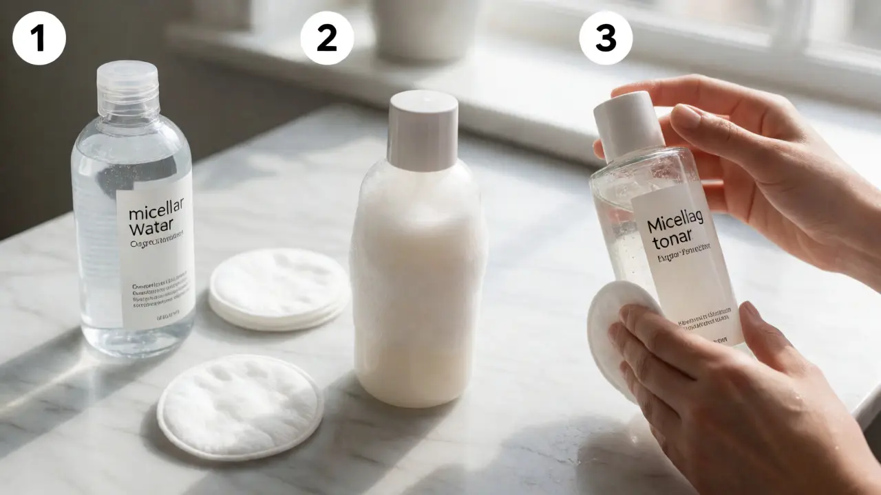Pořádek skincare rutiny: micelárka, gel a tonikum na mramoru