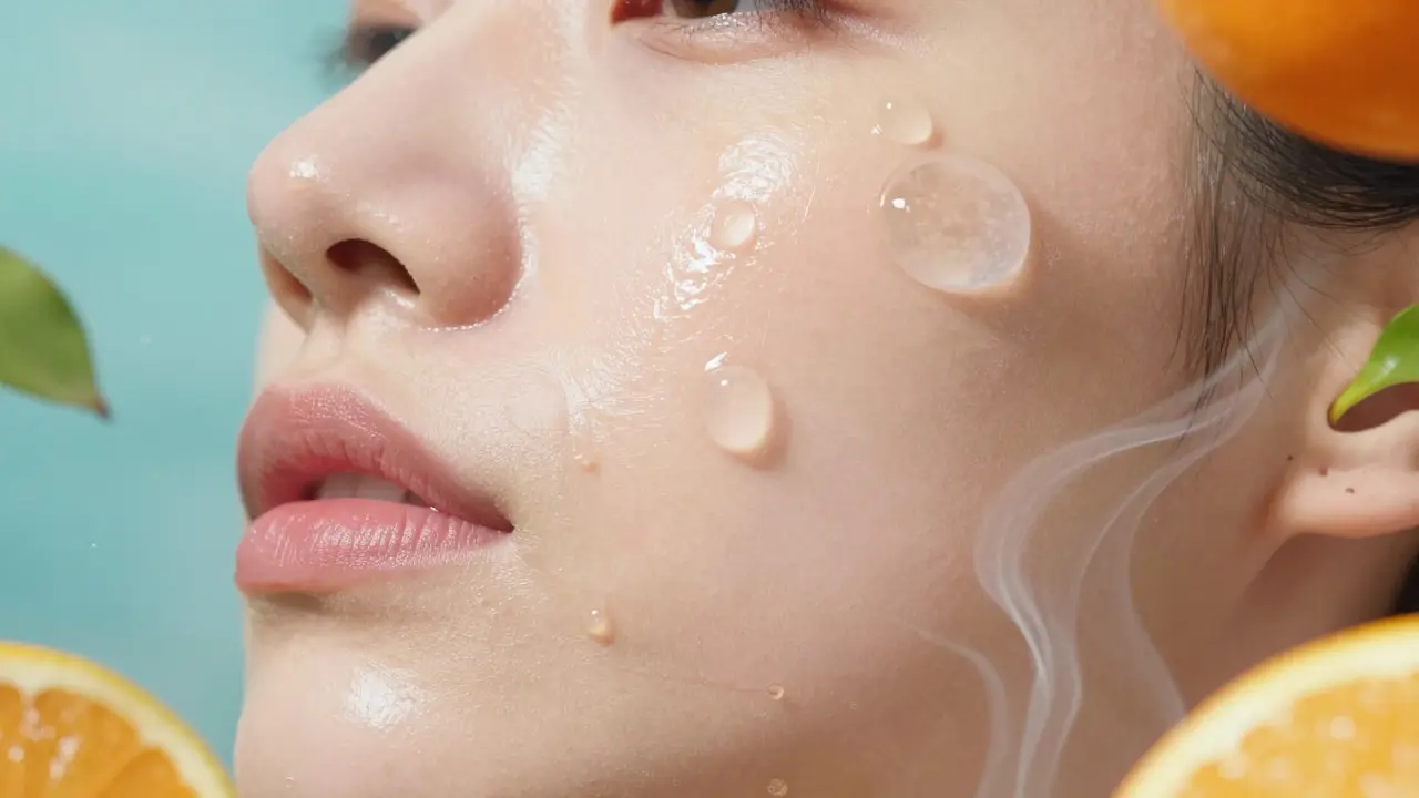 Záběr na hydratovanou kůži s abstraktními kapkami vody a citrusy