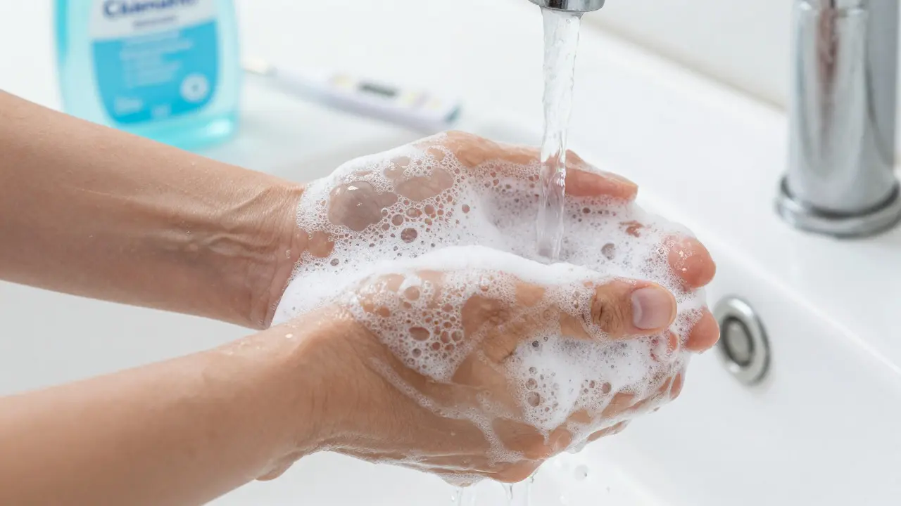 Záběr rukou mýdlem pod tekoucí vodou, důraz na hygienu proti noroviru.