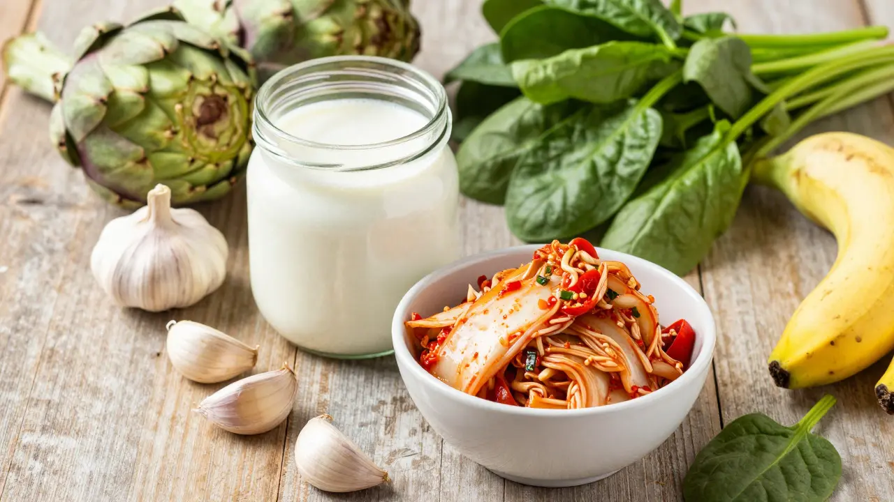 Zdravé potraviny jako kefír, kimchi, česnek a banány na dřevěném stole
