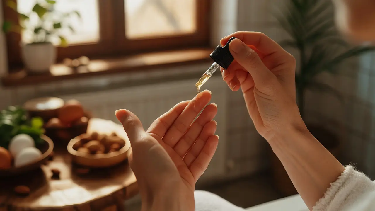 Aplikace oleje na kůžičku a masáž prstů pro podporu růstu nehtů