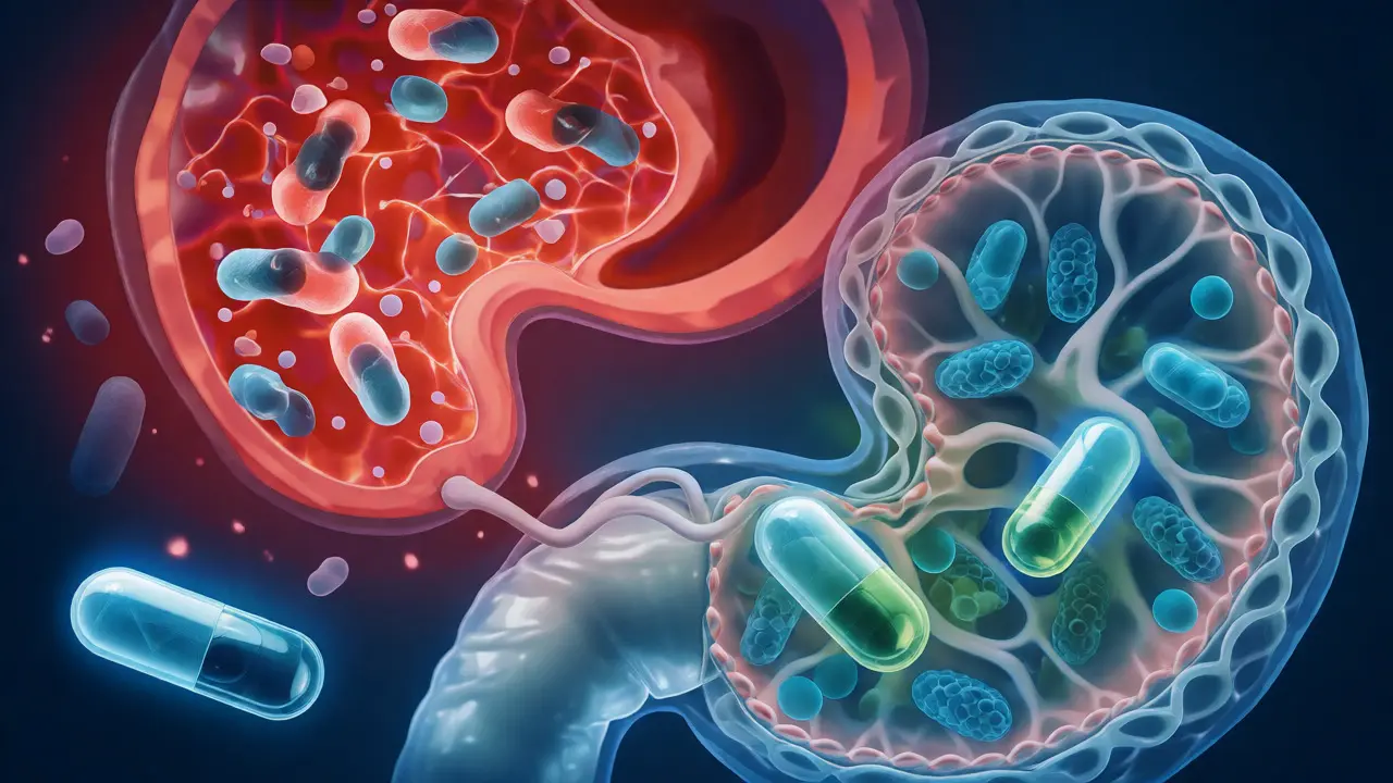 Ilustrace cesty probiotik přes kyselé prostředí žaludku do střev