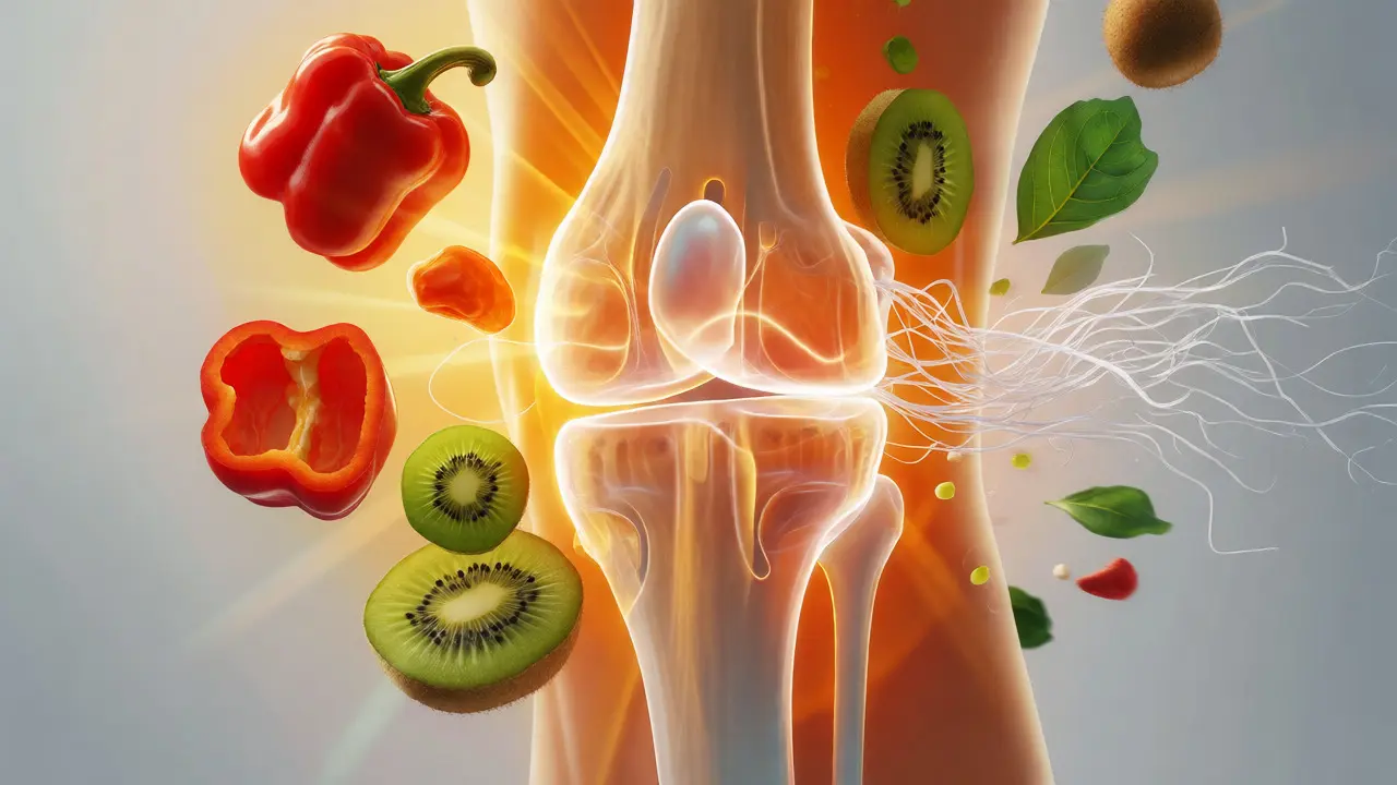 Ilustrace synergie vitamínů a kolagenu pro regeneraci kloubů