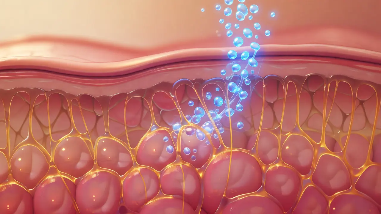 Ilustrace vstřebávání kolagenu do vrstev lidské kůže