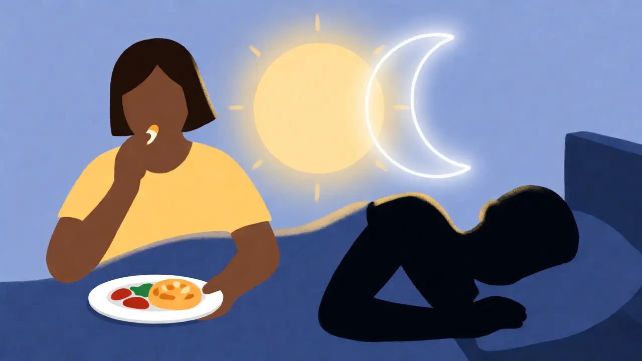 Konceptuální ilustrace vlivu času příjmu vitamínu D na spánek