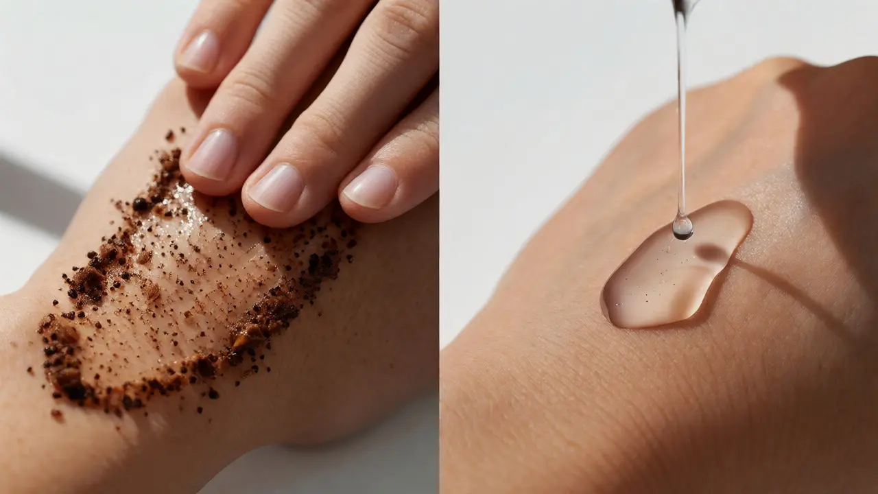 Porovnání mechanického peelingu s granulemi a chemické exfoliace kapátkem