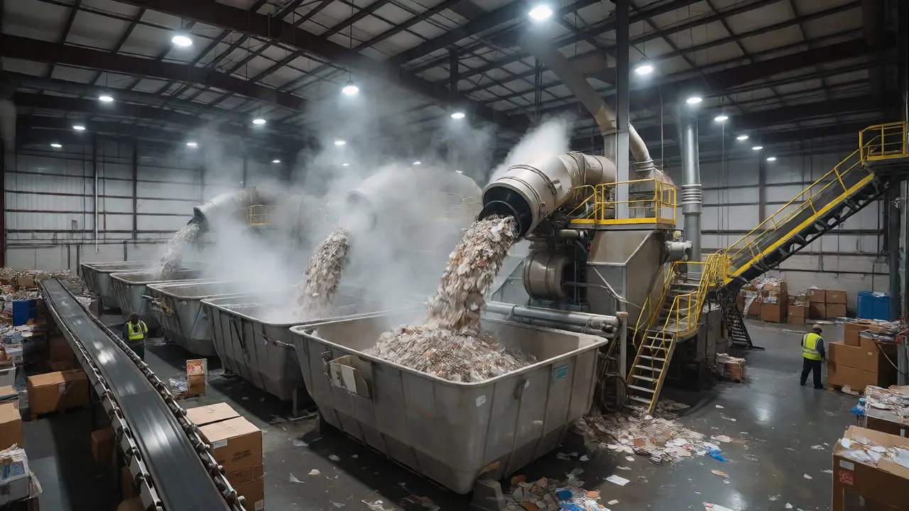 Průmyslová recyklační linka zpracovávající rozdrcené nápojové kartony.