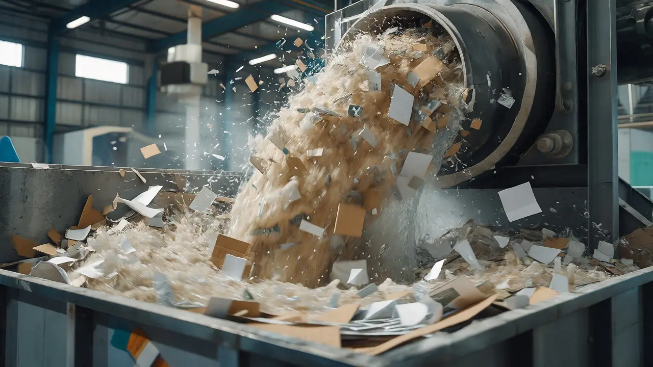 Průmyslové zpracování rozemletých kartonů ve vodě při recyklaci