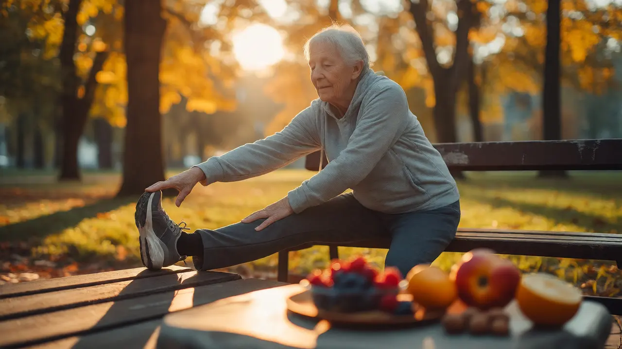 Senior protahující se v parku s přírodními zdroji vitamínů