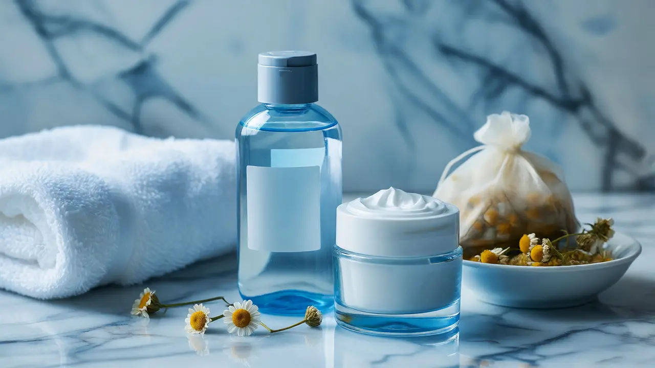 Skincare produkty s micelární vodou a heřmánkem na mramoru.