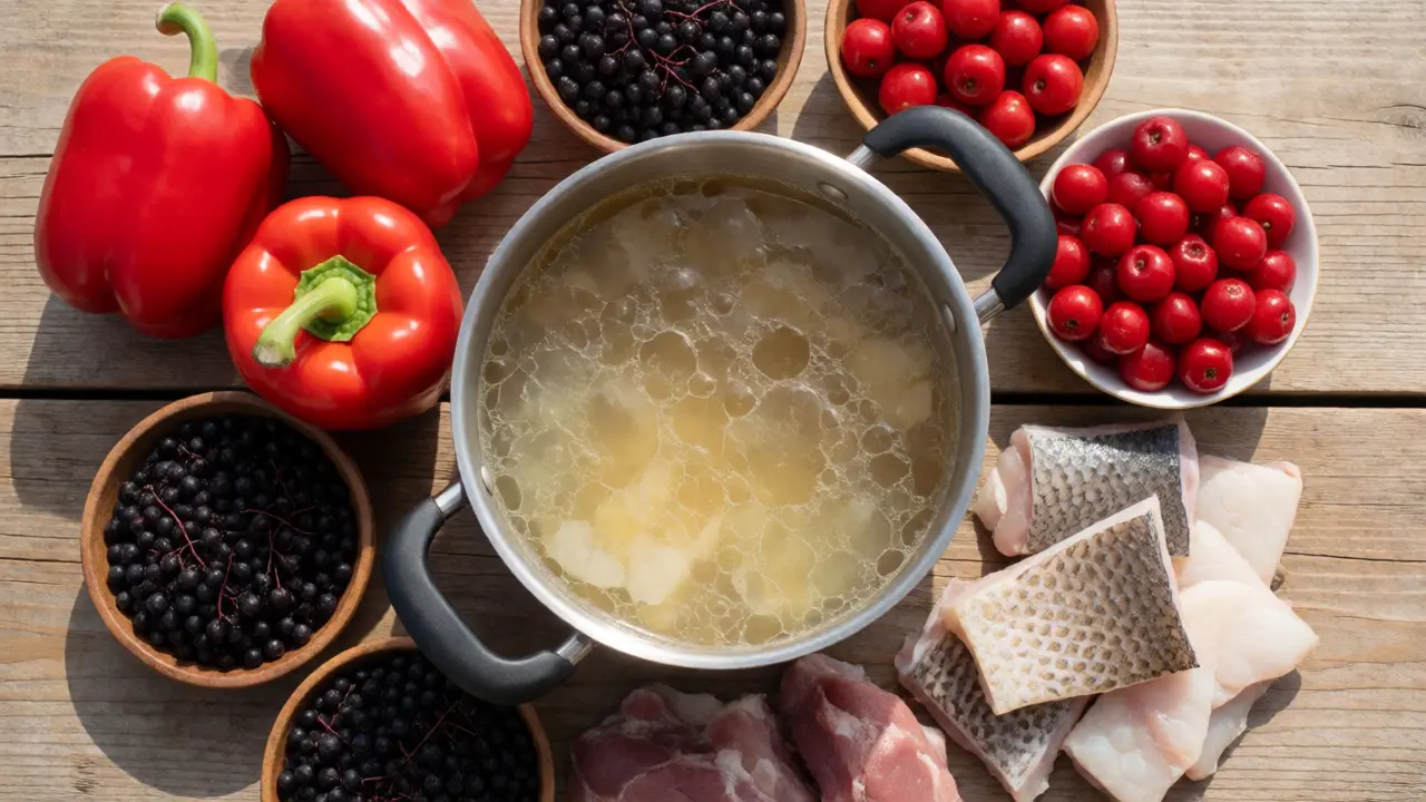 Suroviny bohaté na kolagen a vitamín C na dřevěném stole.