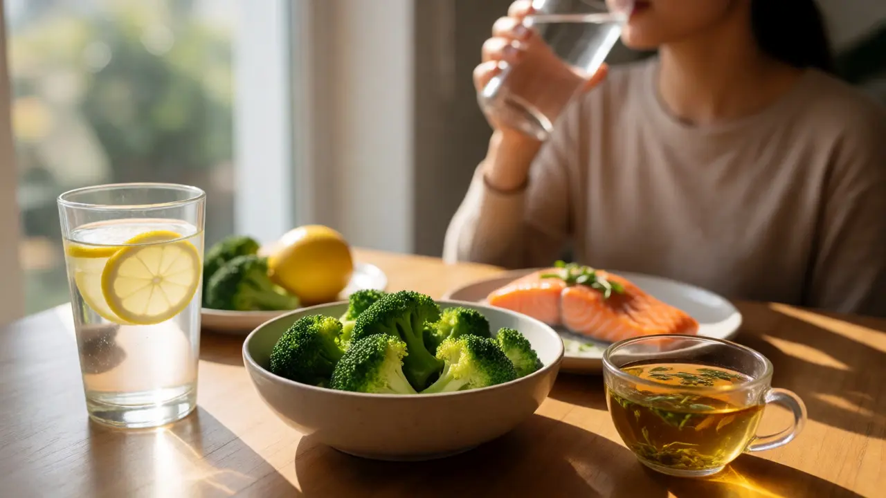 Zdravé jídlo pro detoxikaci a sklenice vody