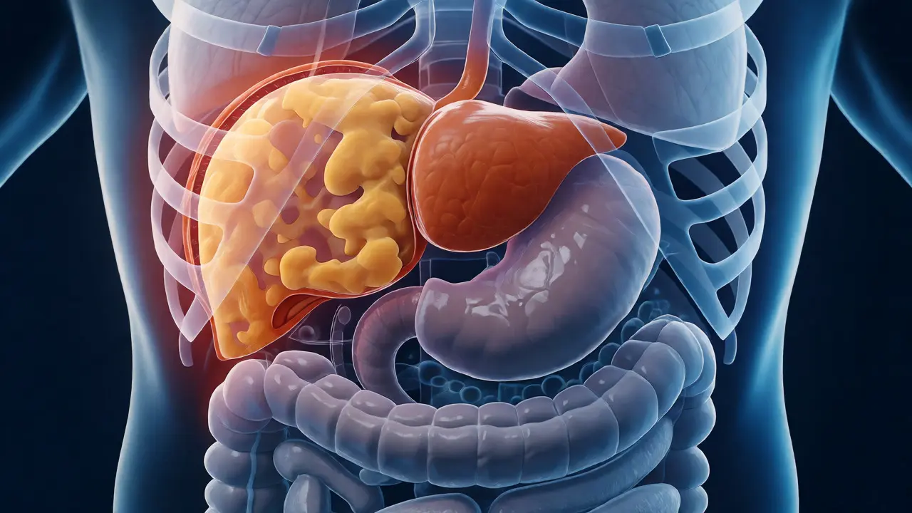 Anatomická ilustrace zvětšených jater tlačících na žebra a okolní orgány