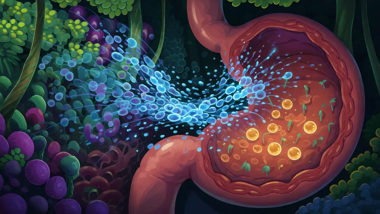 Ilustrace střevního mikrobiomu jako lesa s antibiotiky