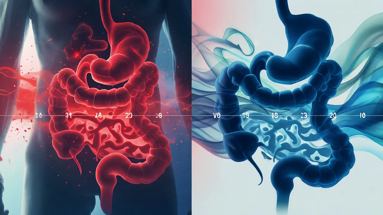 Konceptuální ilustrace přechodu od zánětlivého stavu trávení k vyváženému mikrobiomu v čase.