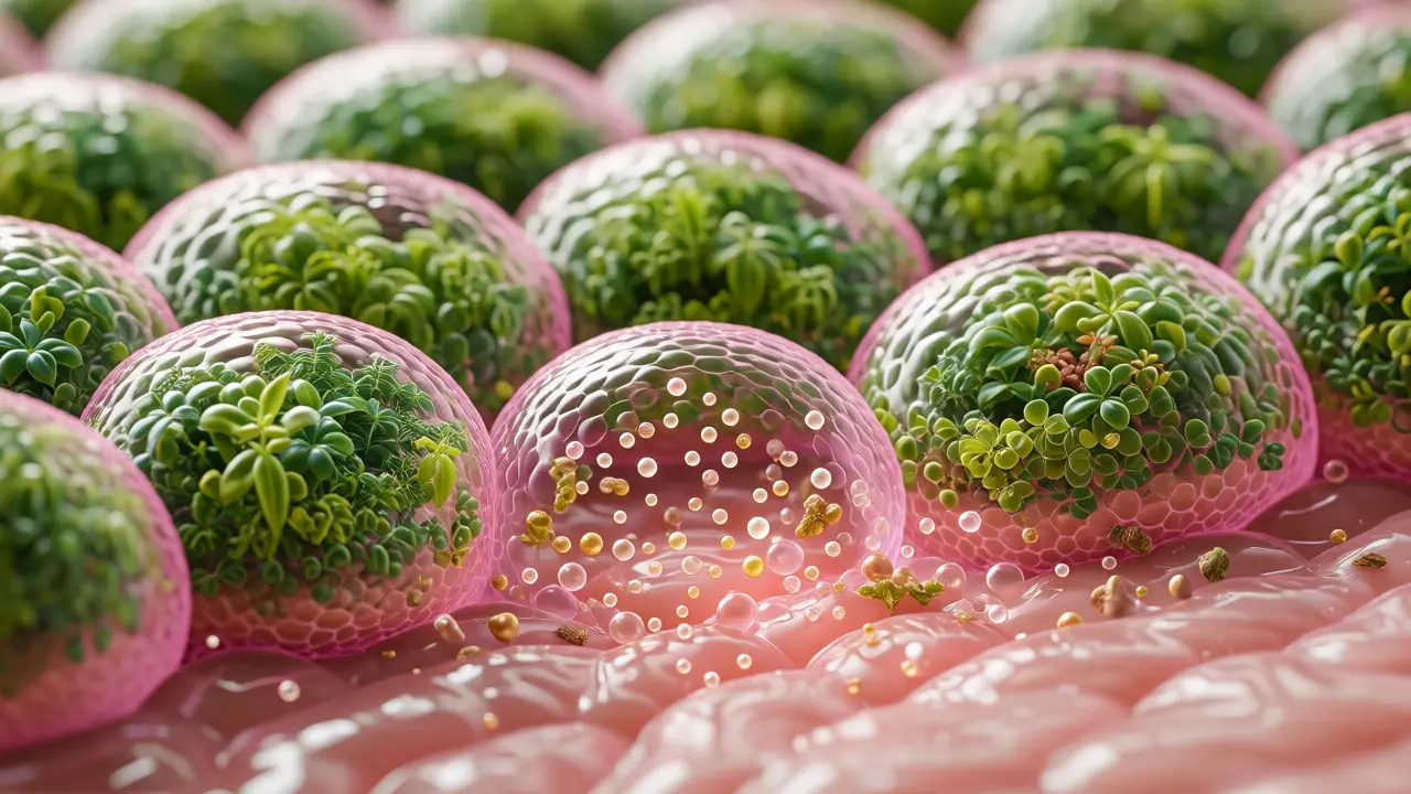 Makro pohled na mikely čistící buňky pleti v konceptuální vizualizaci ekobiologie.